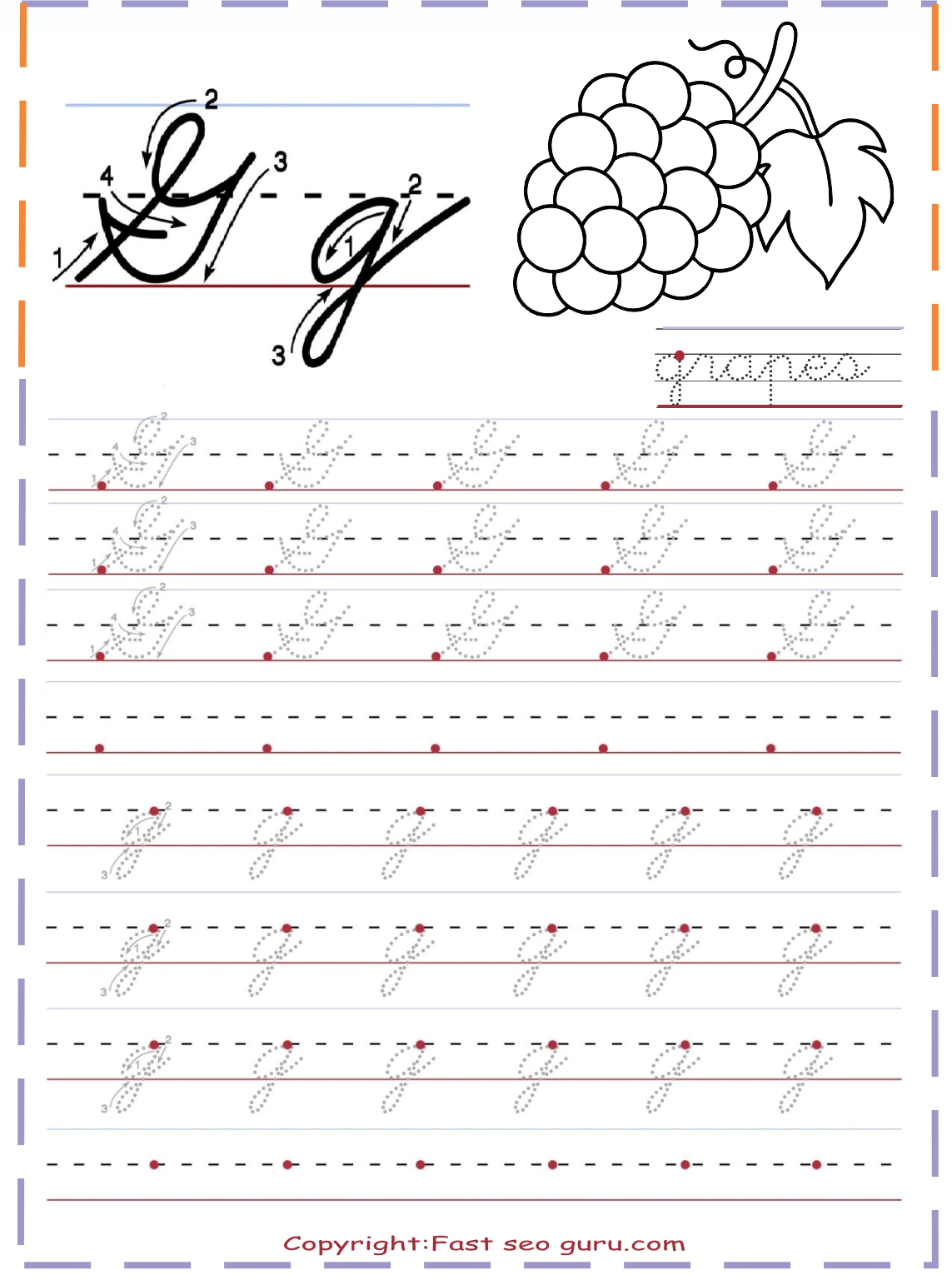 cursive handwriting practice worksheets letter g for grapes